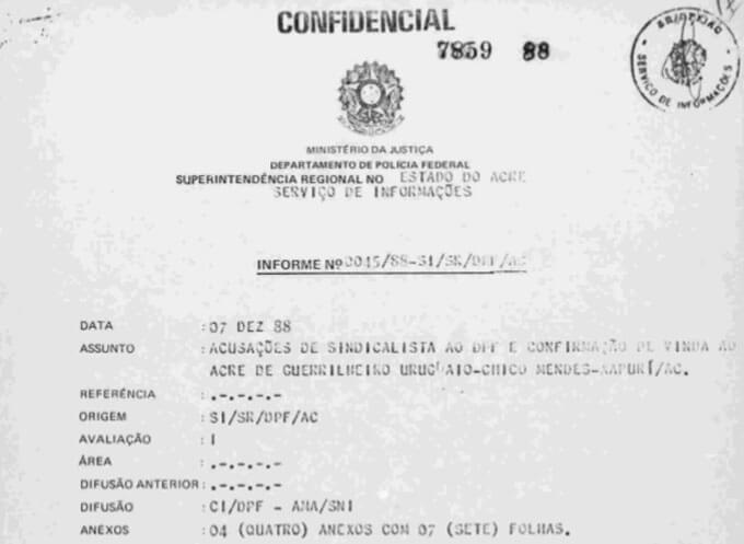 Parte de documento arrolado pelo SNI - Chico Mendes em foco. Arquivo Nacional