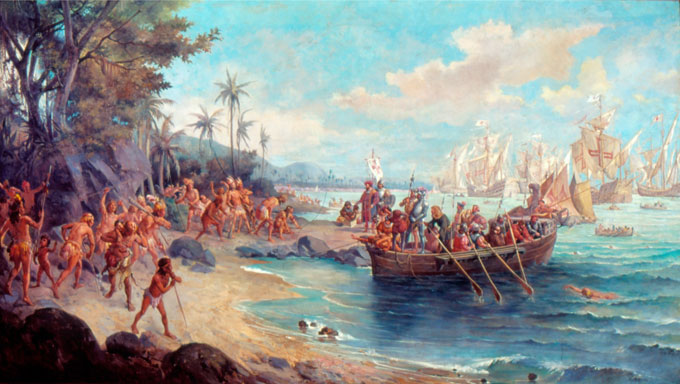 "Desembarque de Cabral" (detalhe da pintura acima) - Oscar Pereira da Silva
Pintor brasileiro (1865-1959). Pero Vaz Caminha. Imagem: Museu Paulista