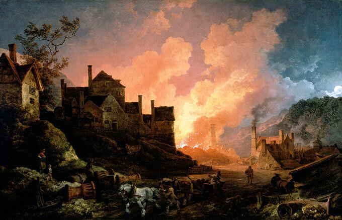 Coalbrookdale, cidade britânica considerada um dos berços da Revolução Industrial. Pintura de Philippe-Jacques de Loutherbourg.