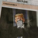 Presidente Donald Trump em jornal. No lugar da boca, um rasgo.