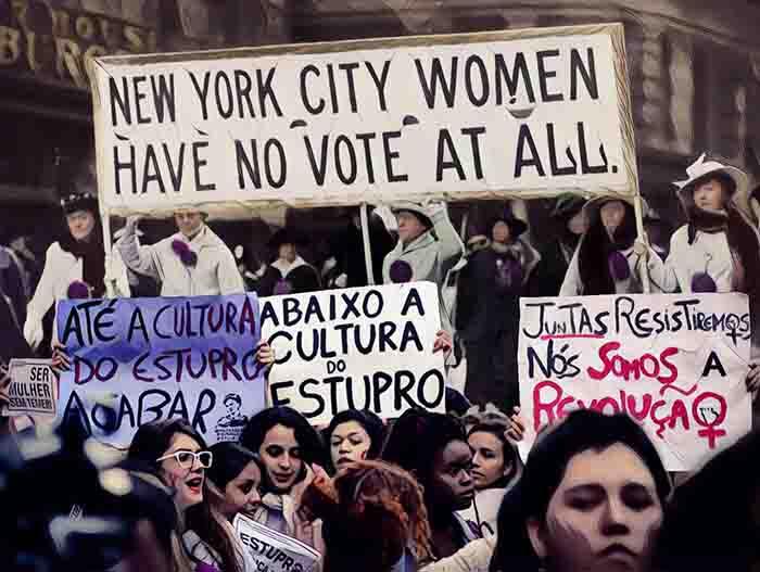 Montagem mostra mulheres em Nova York e no Brasil em manifestação feminista.