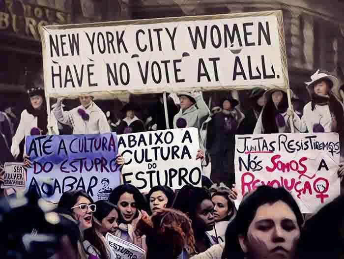 Montagem mostra mulheres em Nova York e no Brasil em manifestação feminista. 