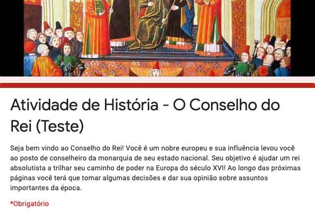 Tela da atividade-game que é ambientado em uma monarquia absolutista