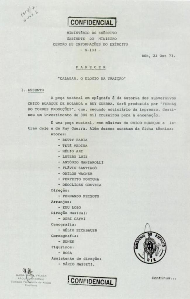 parecer do Centro de Informações do Exército sobre a peça Calabar do Chico