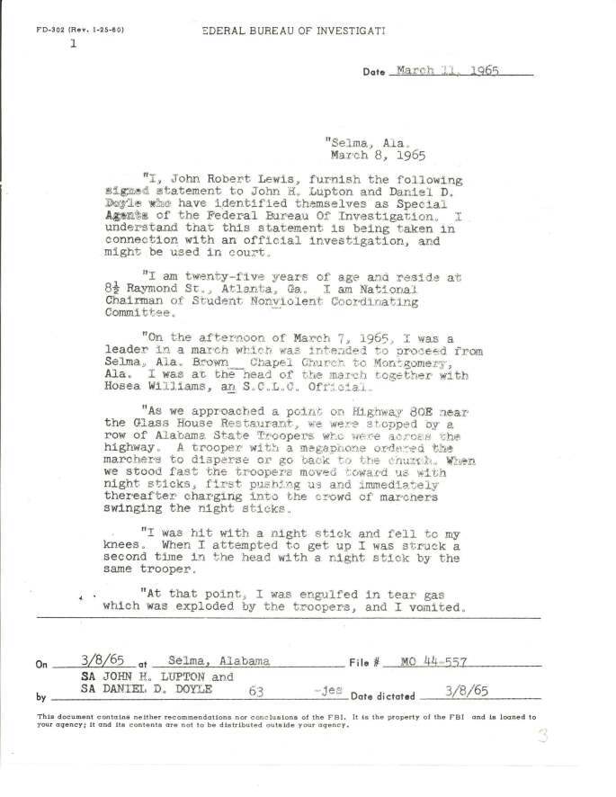 Declaração de John Lewis sobre o “Domingo Sangrento” de Selma, 8 de março de 1965. Registros do FBI, National Archives.