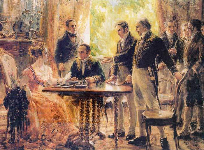 Dona Leopoldina, então Princesa Real Regente do Reino do Brasil, preside a reunião do Conselho de Ministros em 2 de setembro de 1822. Por Georgina Albuauqerque.