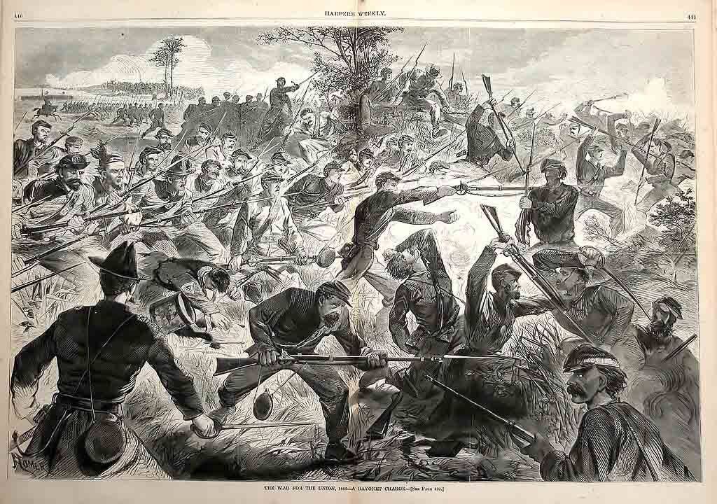 Forças da União realizando ataque de baioneta, 1862. Ilustração publicada na Harpers Weekly. Wikipedia.