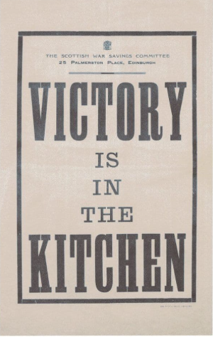 Cartaz com a inscrição, em inglês, de "A vitória está na cozinha". Cartaz foi usado na Primeira Guerra Mundial, no Reino Unido.